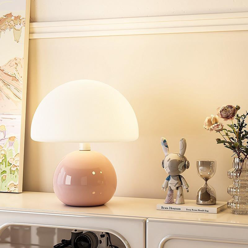 Modern Minimalist Round Cylinder Mushroom Ball PE Ceramic LED Table Lamp for Bedroom Nightstand Lighting Home Decor Accent Light Adjustable Brightness Cordless Rechargeable USB Eco-Friendly Design Contemporary Illumination Gift Idea