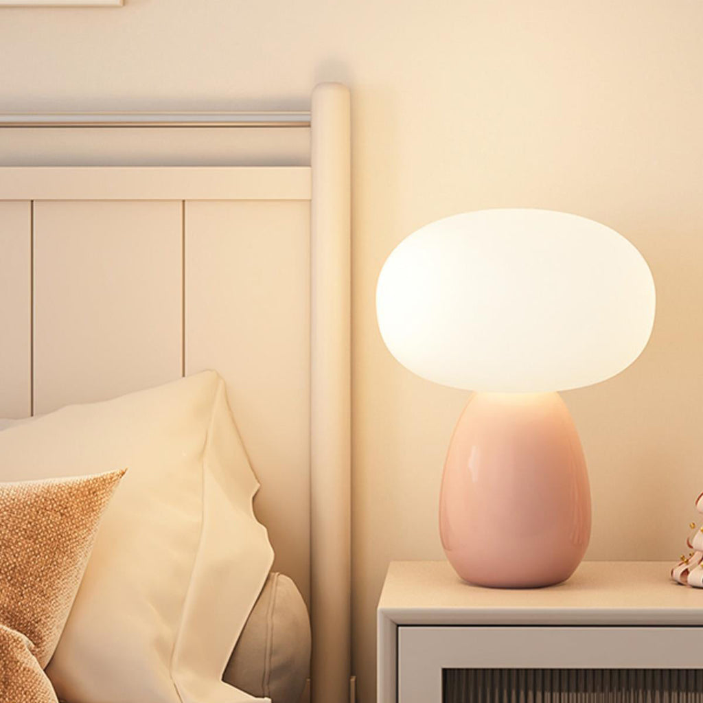 Modern Minimalist Round Cylinder Mushroom Ball PE Ceramic LED Table Lamp for Bedroom Nightstand Lighting Home Decor Accent Light Adjustable Brightness Cordless Rechargeable USB Eco-Friendly Design Contemporary Illumination Gift Idea