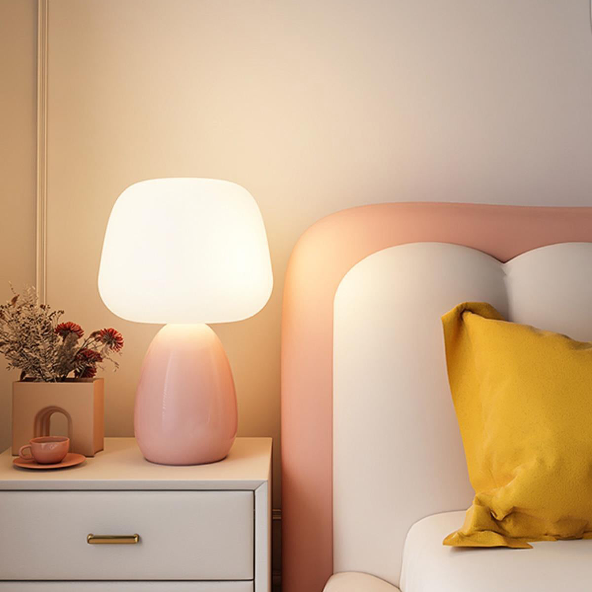 Modern Minimalist Round Cylinder Mushroom Ball PE Ceramic LED Table Lamp for Bedroom Nightstand Lighting Home Decor Accent Light Adjustable Brightness Cordless Rechargeable USB Eco-Friendly Design Contemporary Illumination Gift Idea