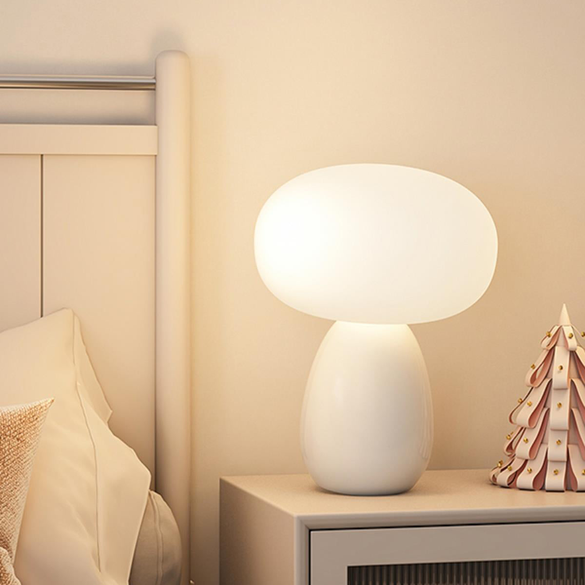 Modern Minimalist Round Cylinder Mushroom Ball PE Ceramic LED Table Lamp for Bedroom Nightstand Lighting Home Decor Accent Light Adjustable Brightness Cordless Rechargeable USB Eco-Friendly Design Contemporary Illumination Gift Idea
