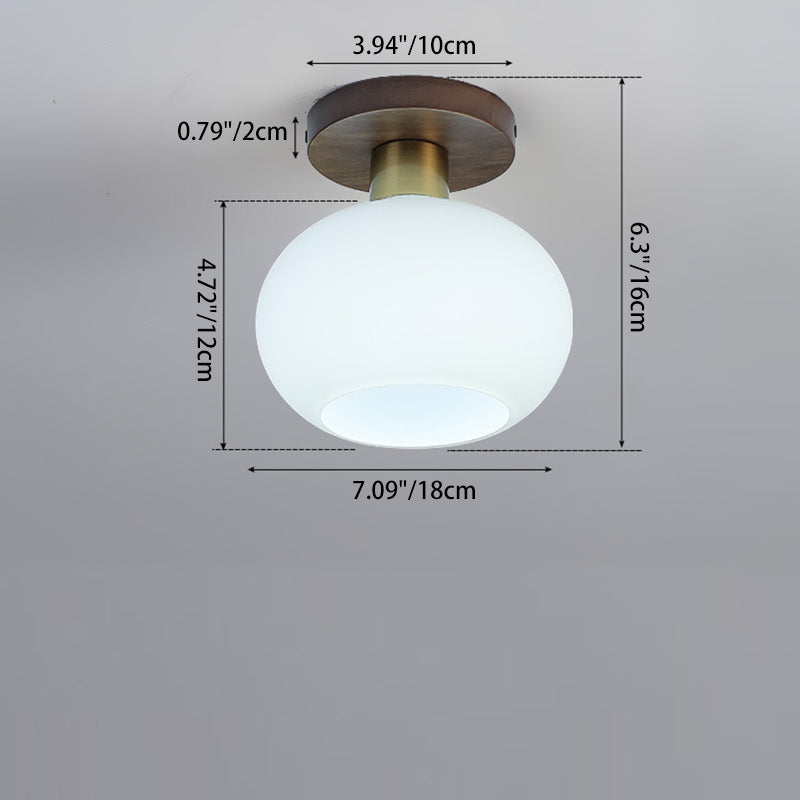 Traditional Chinese Round Orb Glass Walnut Brass Semi-Flush Mount Ceiling Light for Bedroom
