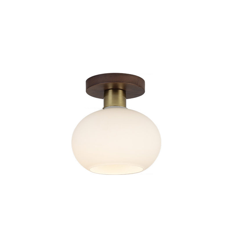 Traditional Chinese Round Orb Glass Walnut Brass Semi-Flush Mount Ceiling Light for Bedroom