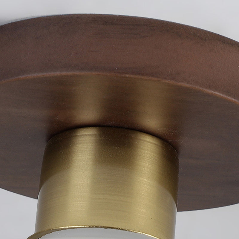Traditional Chinese Round Orb Glass Walnut Brass Semi-Flush Mount Ceiling Light for Bedroom