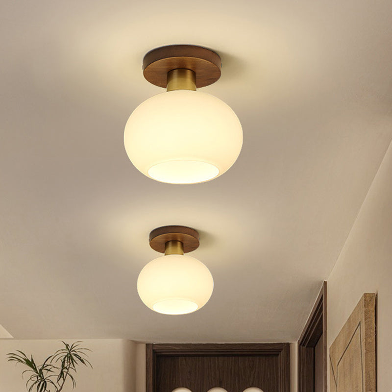 Traditional Chinese Round Orb Glass Walnut Brass Semi-Flush Mount Ceiling Light for Bedroom