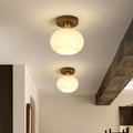 Traditional Chinese Round Orb Glass Walnut Brass Semi-Flush Mount Ceiling Light for Bedroom