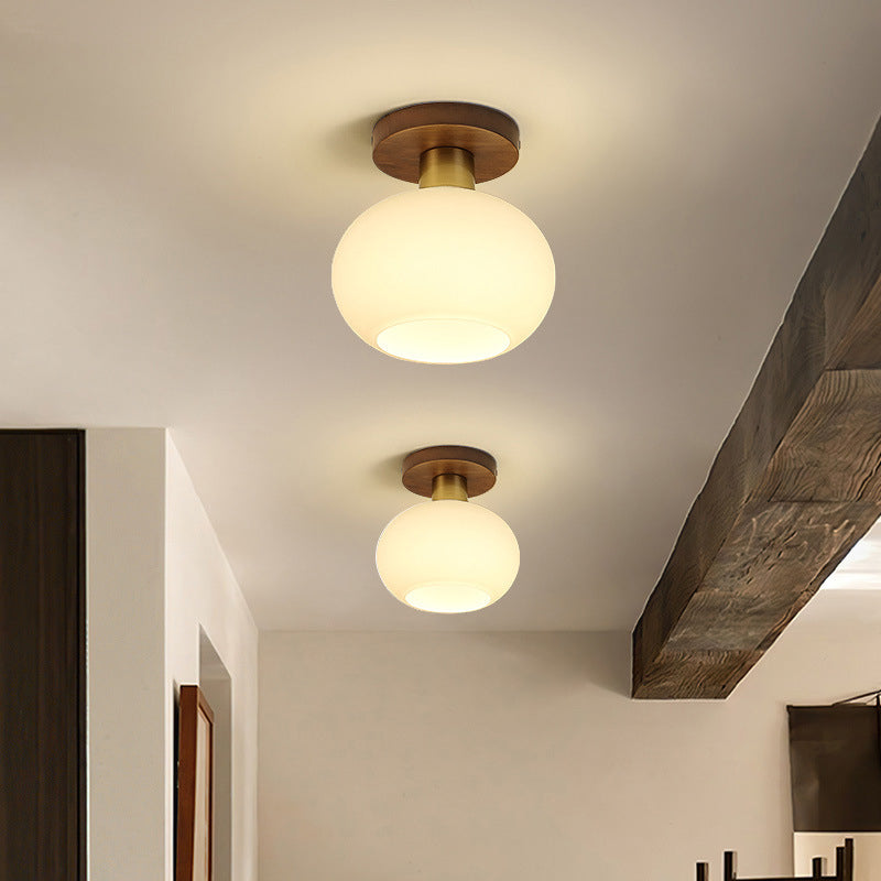 Traditional Chinese Round Orb Glass Walnut Brass Semi-Flush Mount Ceiling Light for Bedroom