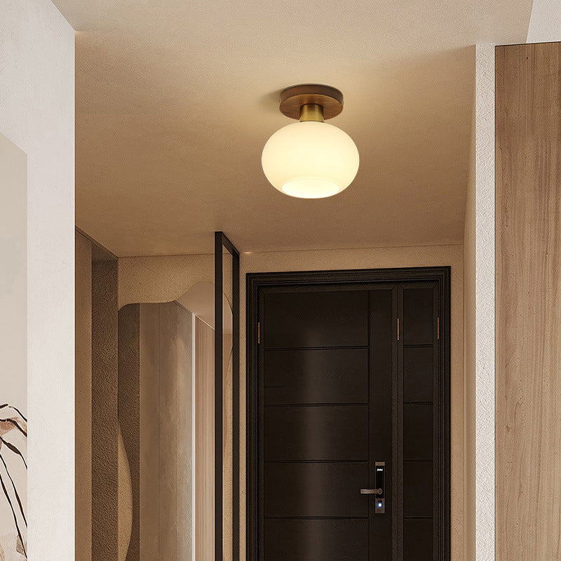Traditional Chinese Round Orb Glass Walnut Brass Semi-Flush Mount Ceiling Light for Bedroom