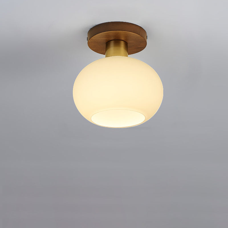 Traditional Chinese Round Orb Glass Walnut Brass Semi-Flush Mount Ceiling Light for Bedroom