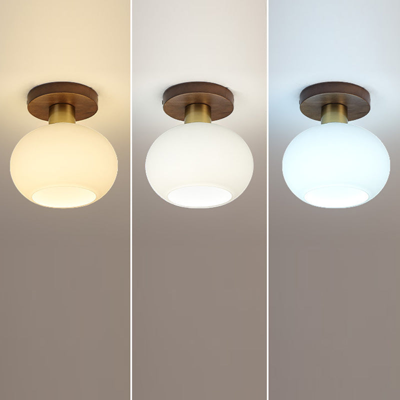 Traditional Chinese Round Orb Glass Walnut Brass Semi-Flush Mount Ceiling Light for Bedroom