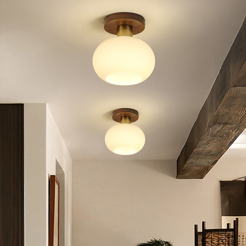Traditional Chinese Round Orb Glass Walnut Brass Semi-Flush Mount Ceiling Light for Bedroom