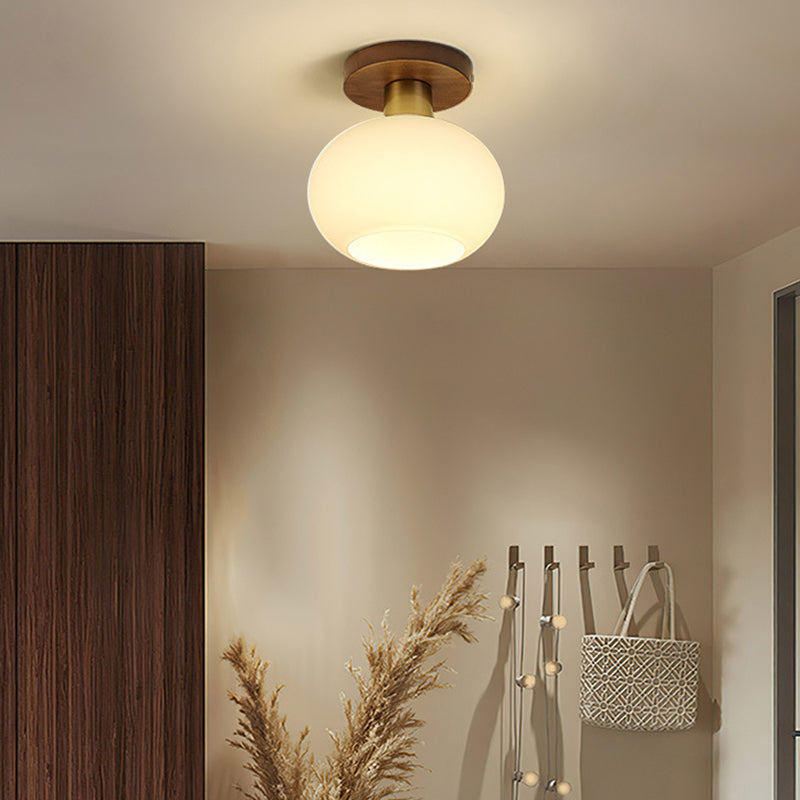 Traditional Chinese Round Orb Glass Walnut Brass Semi-Flush Mount Ceiling Light for Bedroom