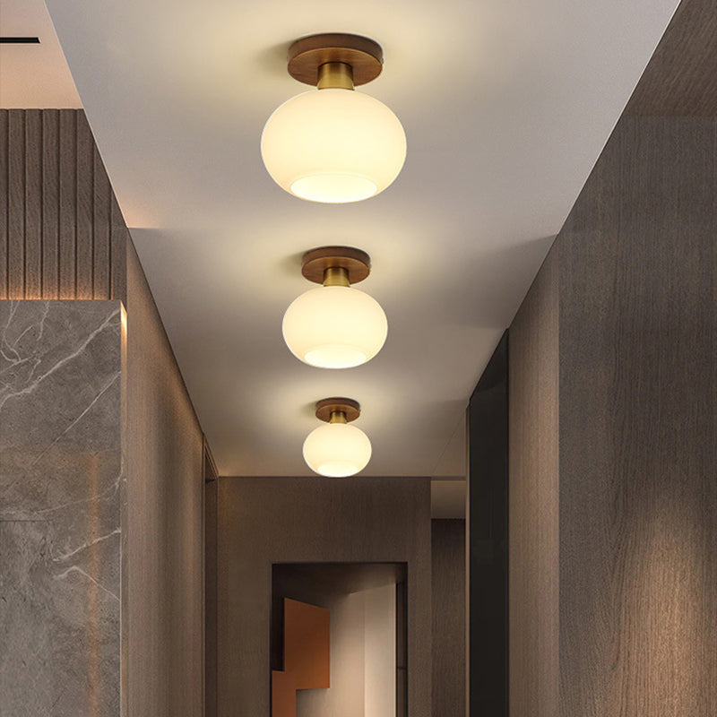 Traditional Chinese Round Orb Glass Walnut Brass Semi-Flush Mount Ceiling Light for Bedroom