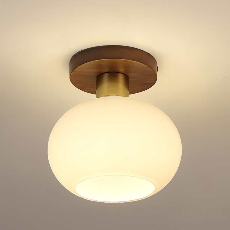 Traditional Chinese Round Orb Glass Walnut Brass Semi-Flush Mount Ceiling Light for Bedroom