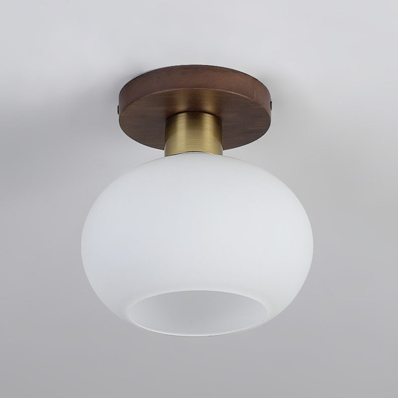 Traditional Chinese Round Orb Glass Walnut Brass Semi-Flush Mount Ceiling Light for Bedroom