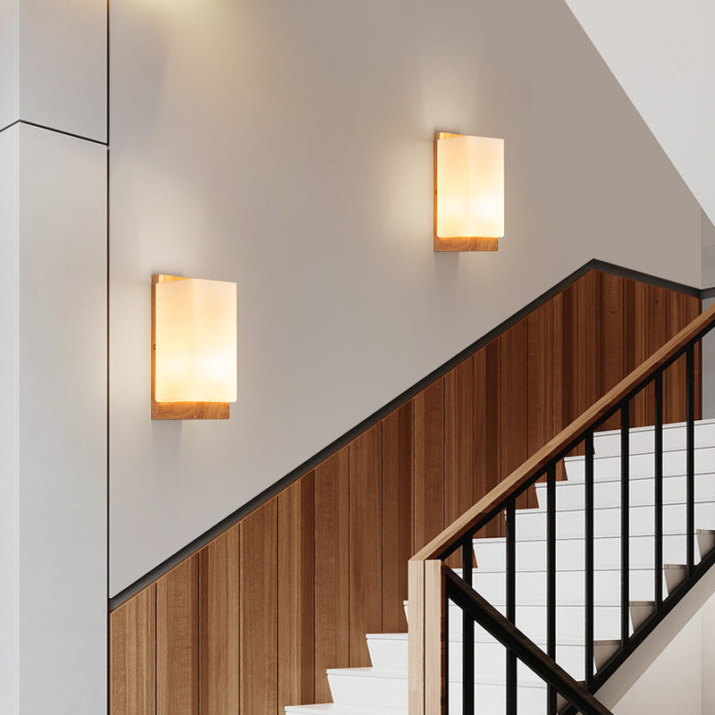 Traditional Japanese Rectangle Wood 1-Light Wall Sconce for Living Room