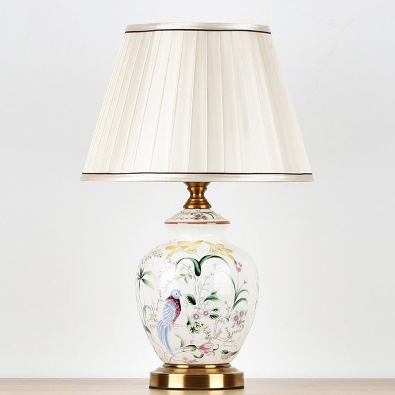 Traditional Chinese Patterned Scalloped Round Ceramic Table Lamp - 1-Light for Living Room Decor