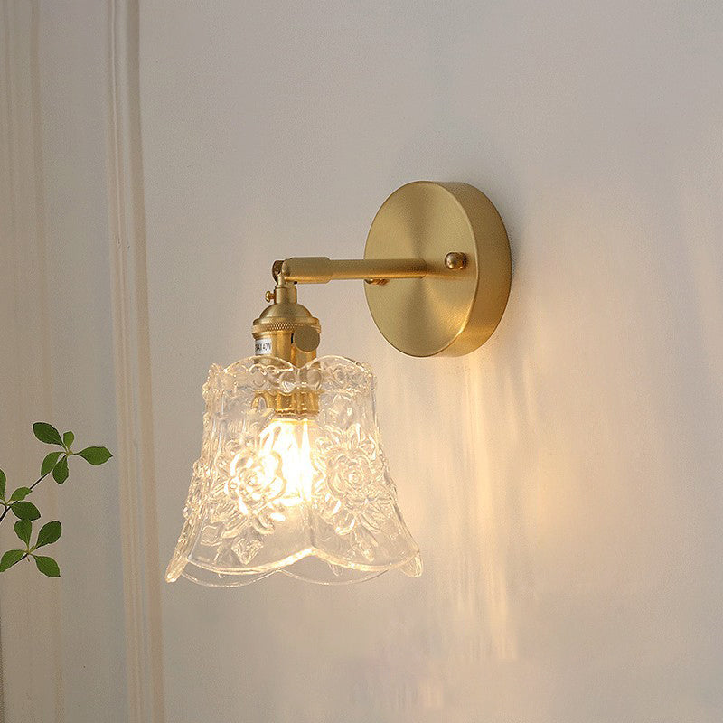Vintage Carved Lattice Cone Flower Glass Iron Wall Sconce Lamp for Living Room