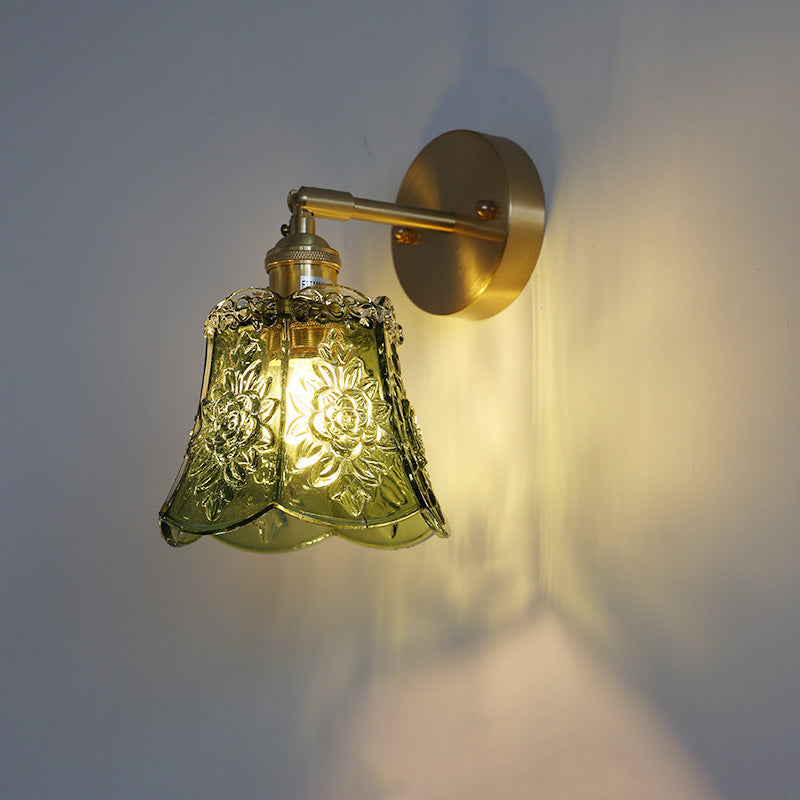 Vintage Carved Lattice Cone Flower Glass Iron Wall Sconce Lamp for Living Room