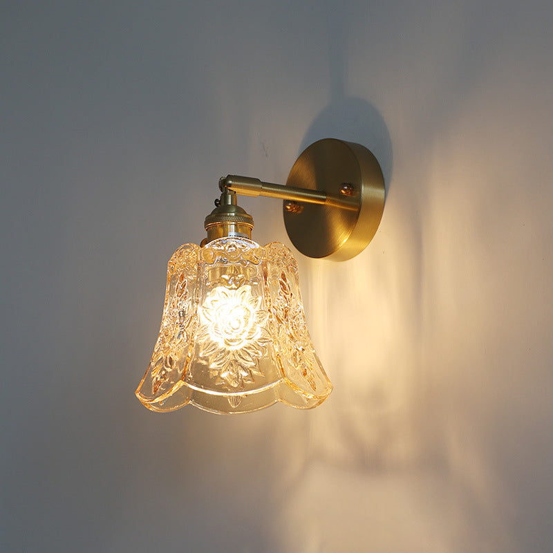 Vintage Carved Lattice Cone Flower Glass Iron Wall Sconce Lamp for Living Room