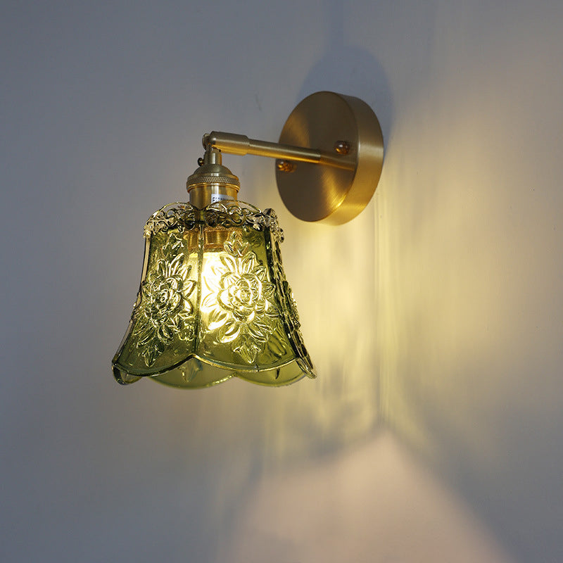 Vintage Carved Lattice Cone Flower Glass Iron Wall Sconce Lamp for Living Room