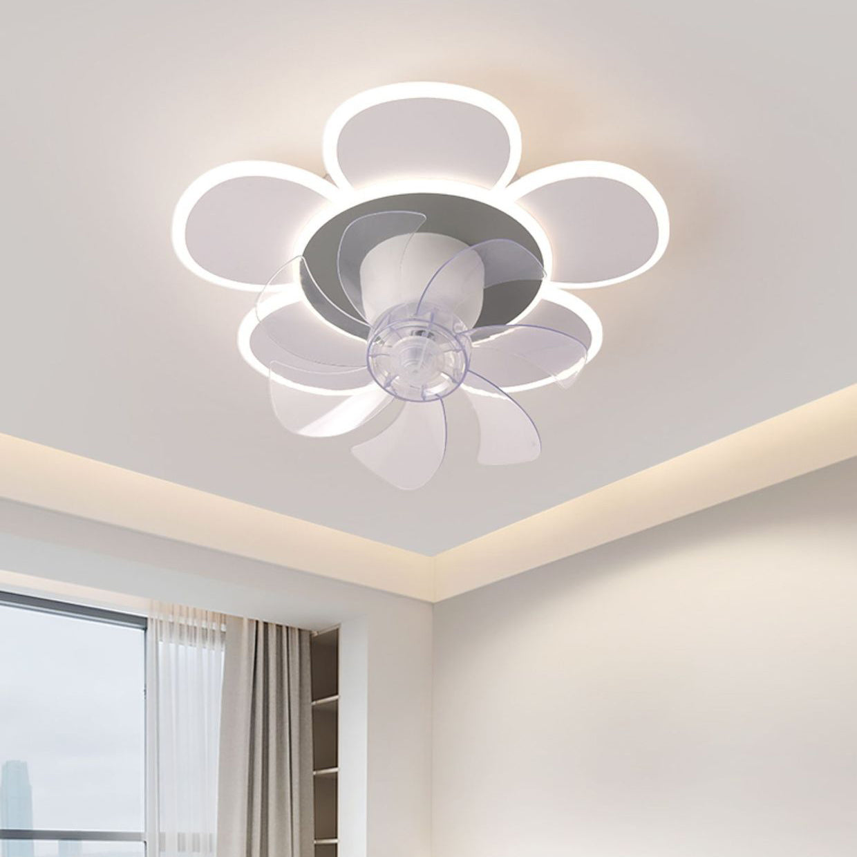Modern Minimalist Flower LED Flush Mount Ceiling Fan Light - Round ABS Acrylic Design for Bedroom