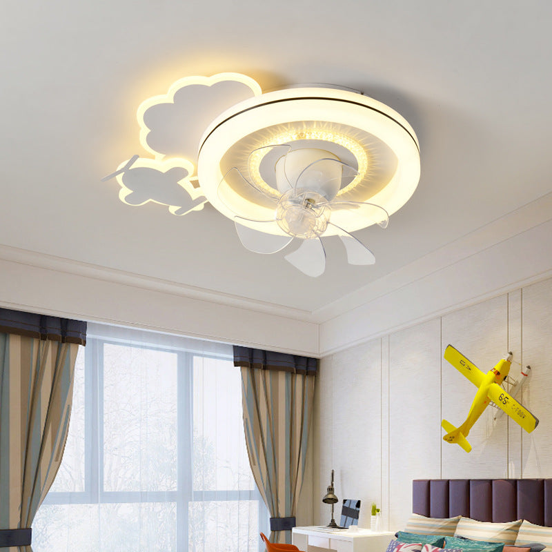Modern Minimalist Clouds Airplanes Crown LED Flush Mount Ceiling Fan Light for Bedroom