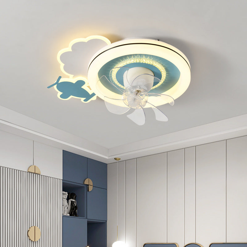 Modern Minimalist Clouds Airplanes Crown LED Flush Mount Ceiling Fan Light for Bedroom