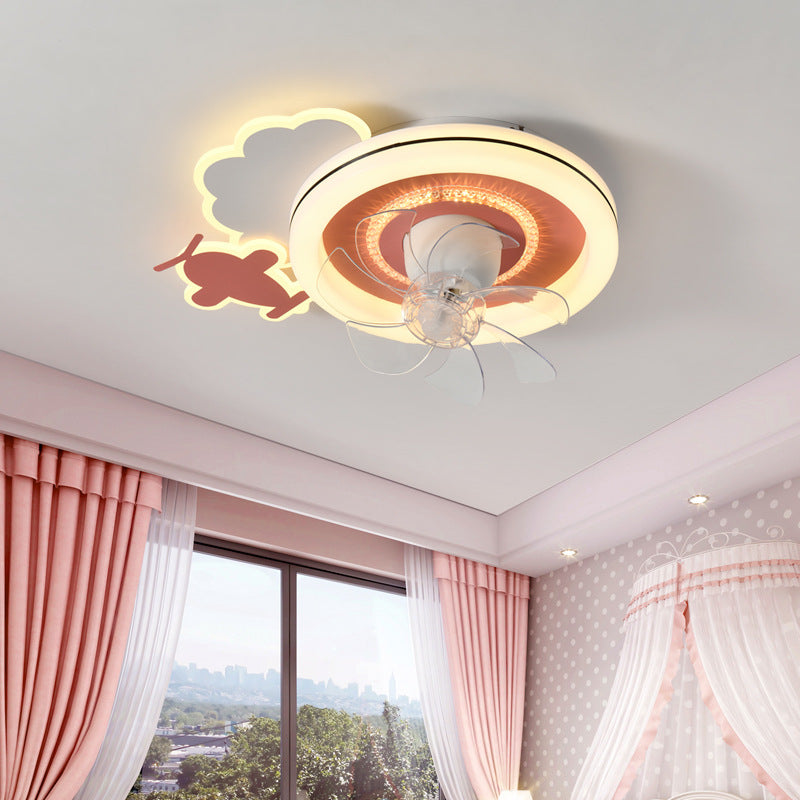 Modern Minimalist Clouds Airplanes Crown LED Flush Mount Ceiling Fan Light for Bedroom