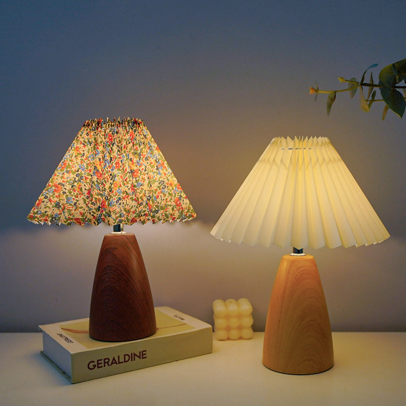 Traditional Vintage Scalloped Pleated Cone Fabric Wood LED Table Lamp for Living Room, Retro Decorative Lighting, Elegant Home Decor, Designer Table Lamp, Rustic Accent Lamp, Cozy Bedroom Lighting, Unique Gift Idea