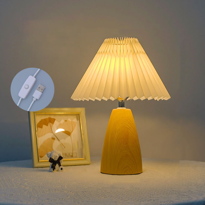 Traditional Vintage Scalloped Pleated Cone Fabric Wood LED Table Lamp for Living Room, Retro Decorative Lighting, Elegant Home Decor, Designer Table Lamp, Rustic Accent Lamp, Cozy Bedroom Lighting, Unique Gift Idea