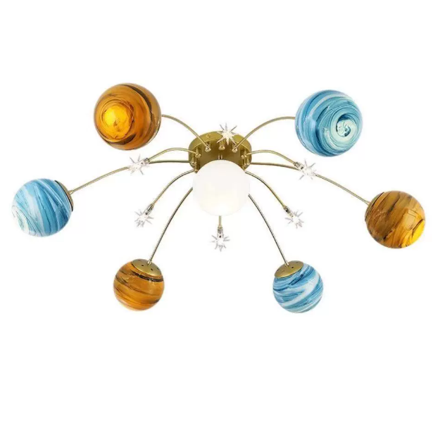 Contemporary Nordic Kids Iron Glass Ball Earth Planet 13-Light Semi-Flush Mount Ceiling Light, Stylish Bedroom Lighting Fixture, Modern Illuminated Globe Chandelier, Unique Starry Sky Decor for Children's Room, Eye-Catching Ceiling Lamp for Playroom and N