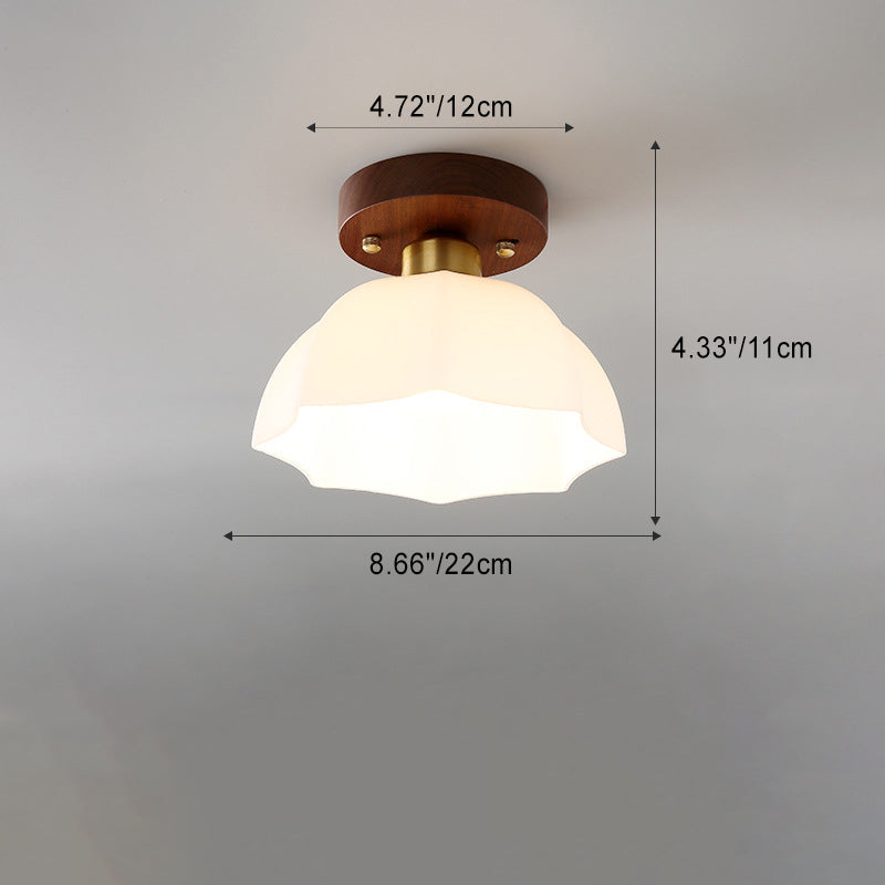 Contemporary Retro Walnut Metal Glass Bowl Ceiling Light – 1-Light Semi-Flush Mount for Hallway