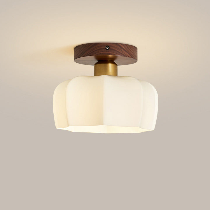 Contemporary Retro Walnut Metal Glass Bowl Ceiling Light – 1-Light Semi-Flush Mount for Hallway