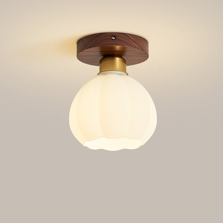 Contemporary Retro Walnut Metal Glass Bowl Ceiling Light – 1-Light Semi-Flush Mount for Hallway