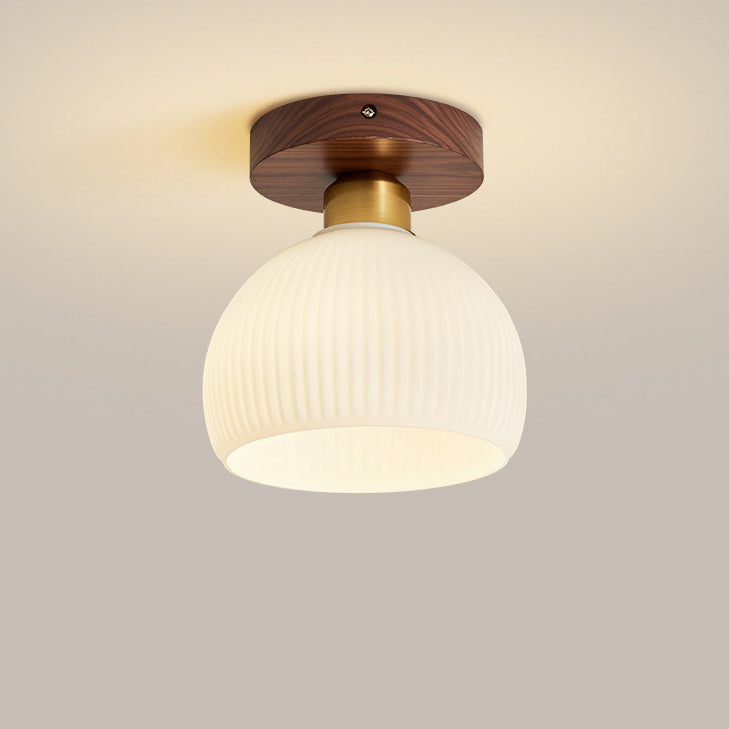 Contemporary Retro Walnut Metal Glass Bowl Ceiling Light – 1-Light Semi-Flush Mount for Hallway