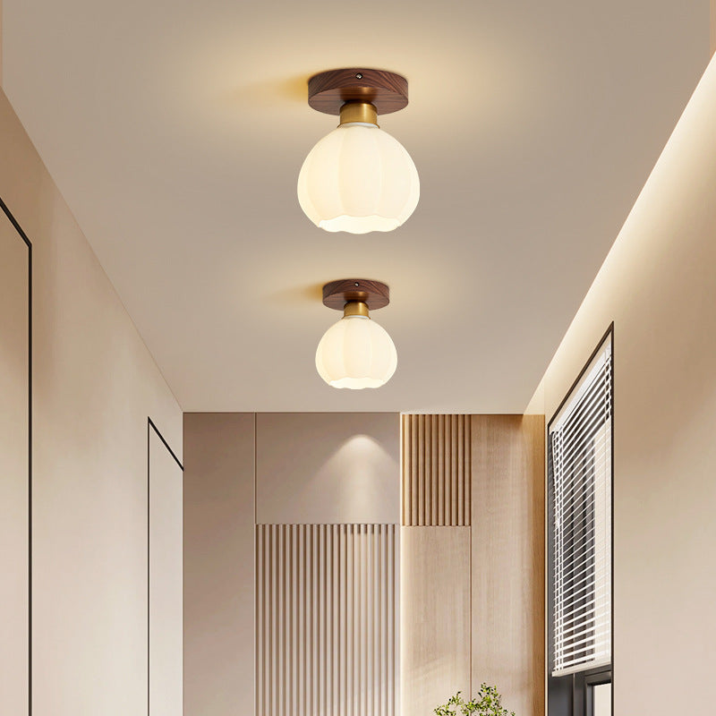 Contemporary Retro Walnut Metal Glass Bowl Ceiling Light – 1-Light Semi-Flush Mount for Hallway