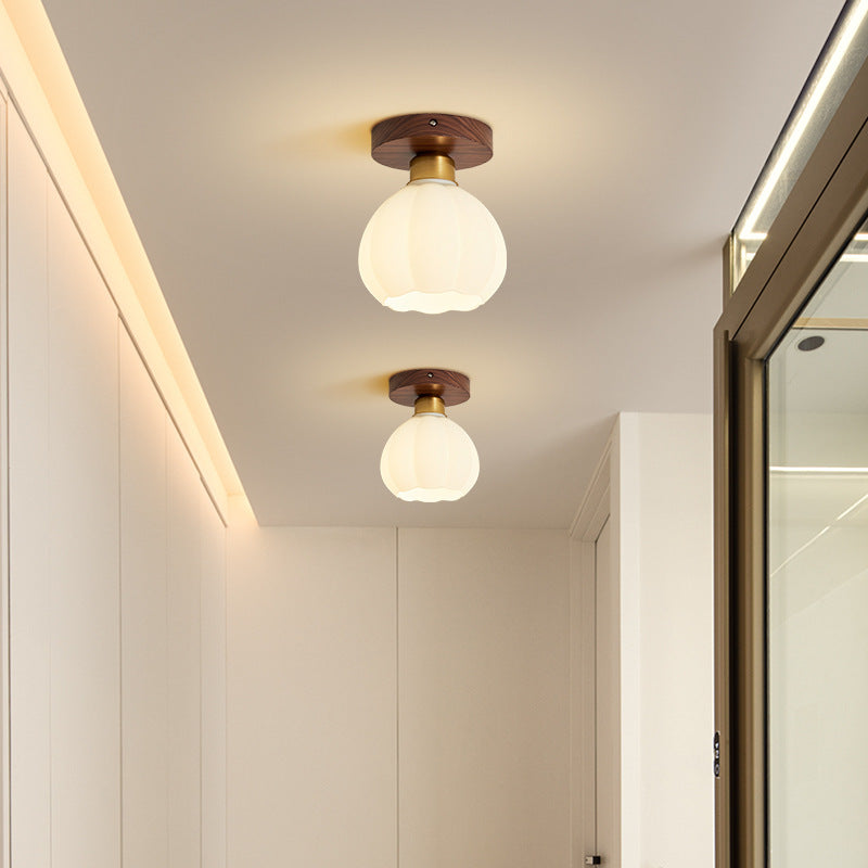 Contemporary Retro Walnut Metal Glass Bowl Ceiling Light – 1-Light Semi-Flush Mount for Hallway