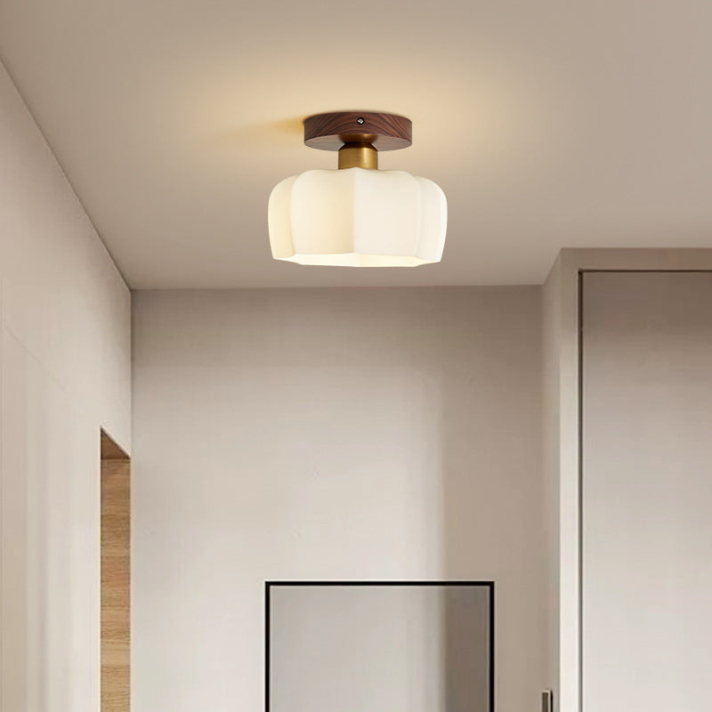 Contemporary Retro Walnut Metal Glass Bowl Ceiling Light – 1-Light Semi-Flush Mount for Hallway