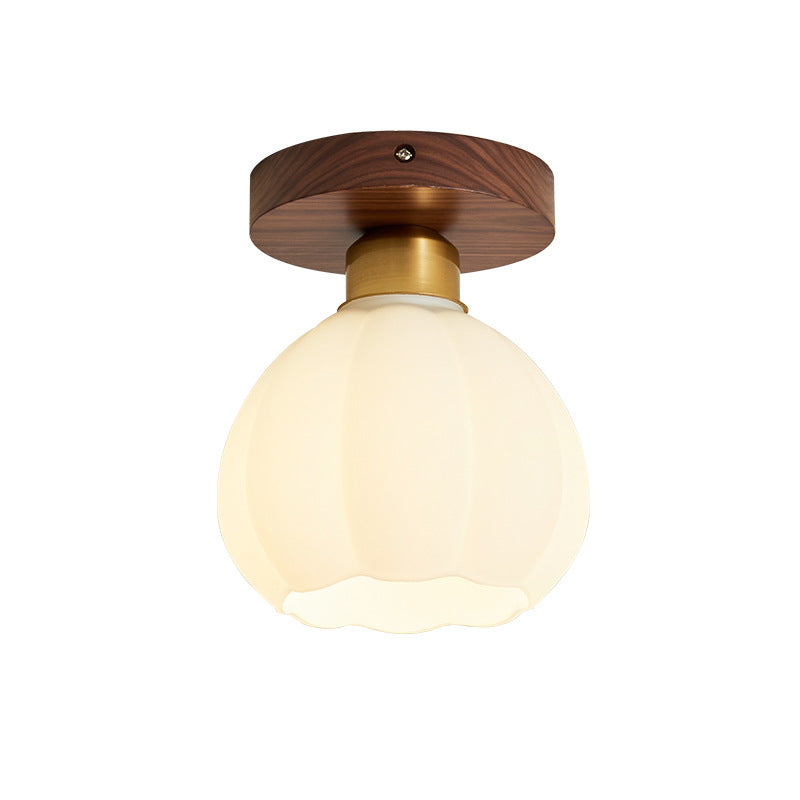 Contemporary Retro Walnut Metal Glass Bowl Ceiling Light – 1-Light Semi-Flush Mount for Hallway