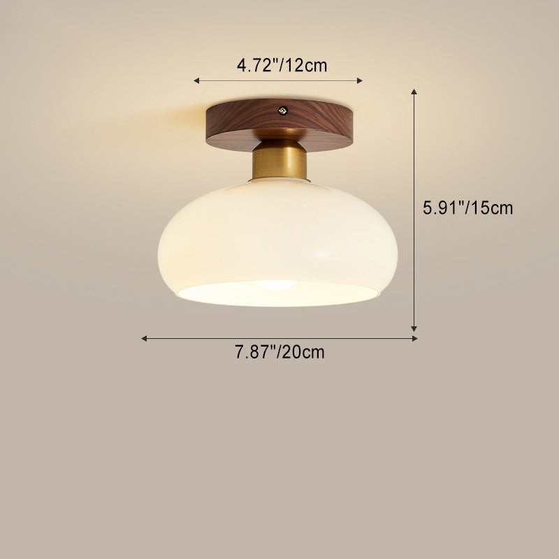 Contemporary Retro Walnut Metal Glass Bowl Ceiling Light – 1-Light Semi-Flush Mount for Hallway