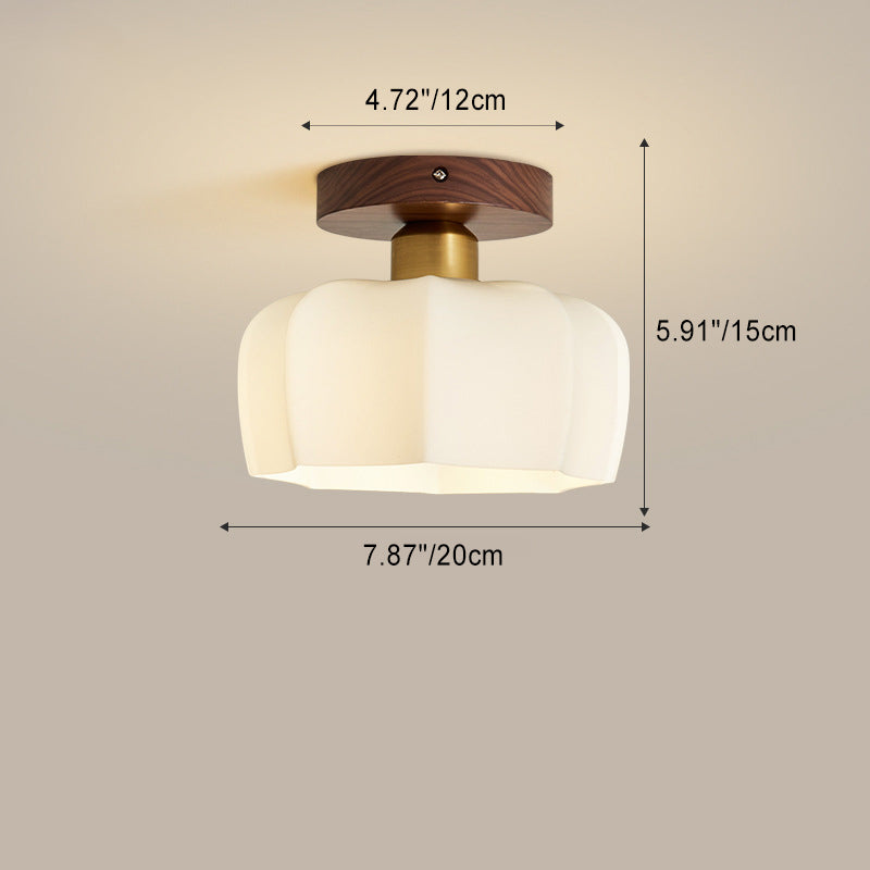 Contemporary Retro Walnut Metal Glass Bowl Ceiling Light – 1-Light Semi-Flush Mount for Hallway
