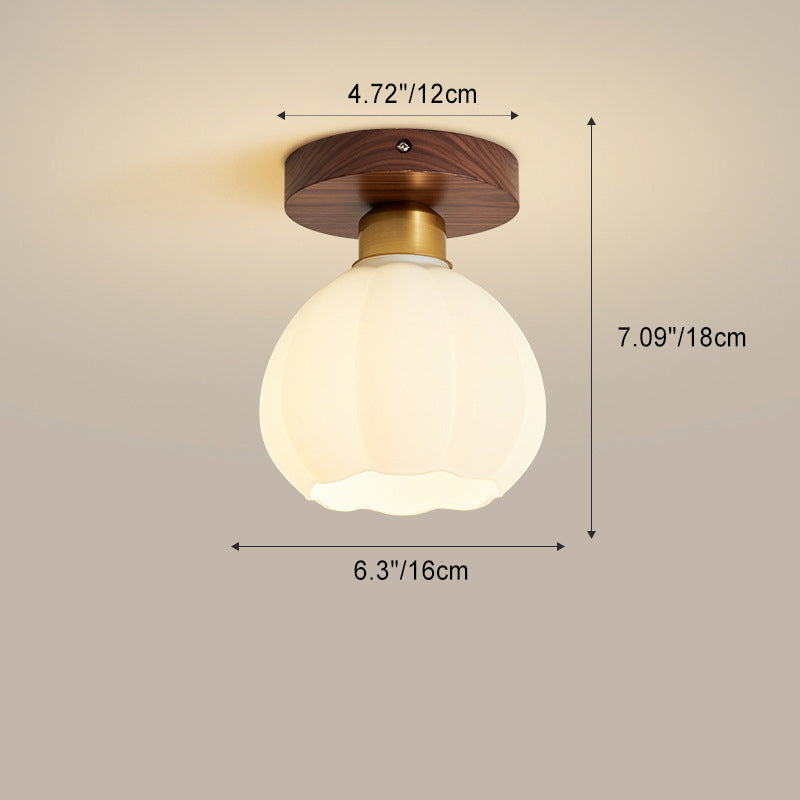 Contemporary Retro Walnut Metal Glass Bowl Ceiling Light – 1-Light Semi-Flush Mount for Hallway