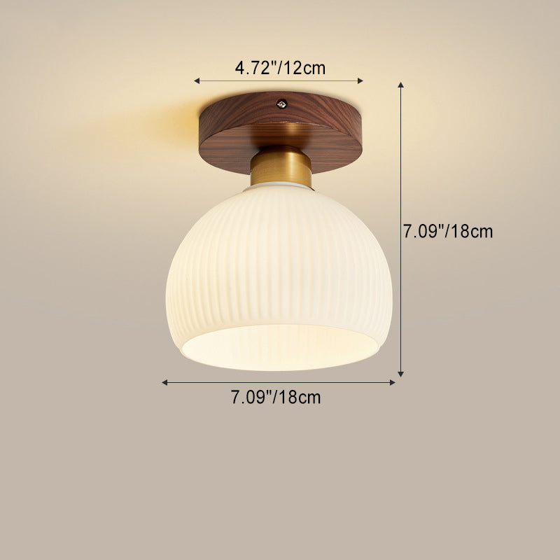 Contemporary Retro Walnut Metal Glass Bowl Ceiling Light – 1-Light Semi-Flush Mount for Hallway