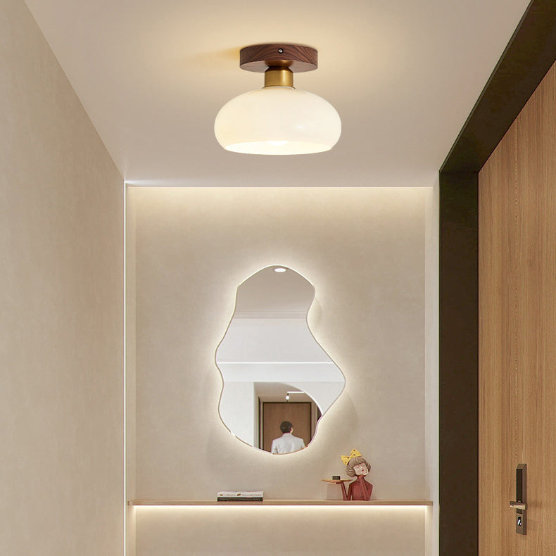 Contemporary Retro Walnut Metal Glass Bowl Ceiling Light – 1-Light Semi-Flush Mount for Hallway