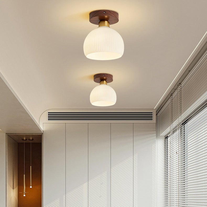Contemporary Retro Walnut Metal Glass Bowl Ceiling Light – 1-Light Semi-Flush Mount for Hallway
