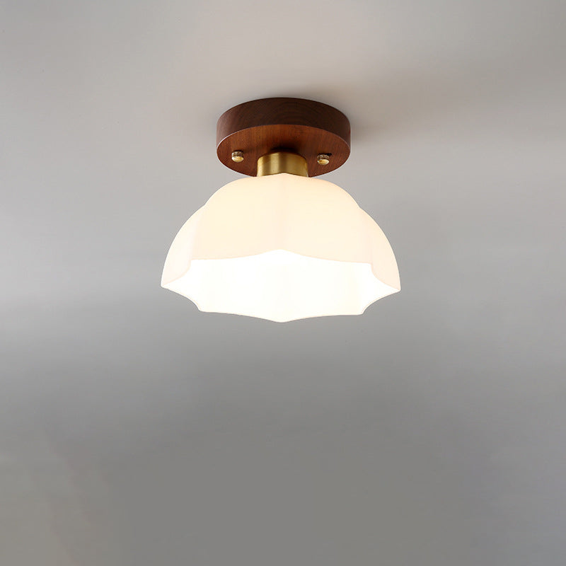 Contemporary Retro Walnut Metal Glass Bowl Ceiling Light – 1-Light Semi-Flush Mount for Hallway