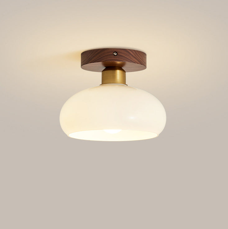 Contemporary Retro Walnut Metal Glass Bowl Ceiling Light – 1-Light Semi-Flush Mount for Hallway
