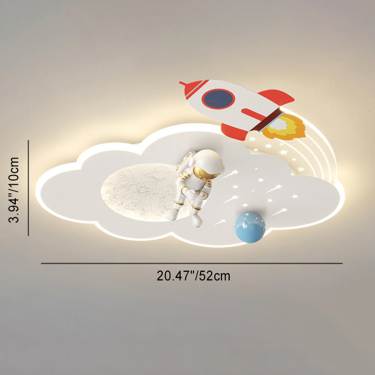 Modern Art Deco Kids Acrylic Metal Round Cloud Rocket Astronaut LED Flush Mount Ceiling Light Bedroom Nursery Decor Space Theme Childrens Lighting Fixture Ceiling Lamp Playroom Decor Starry Night Interior Design