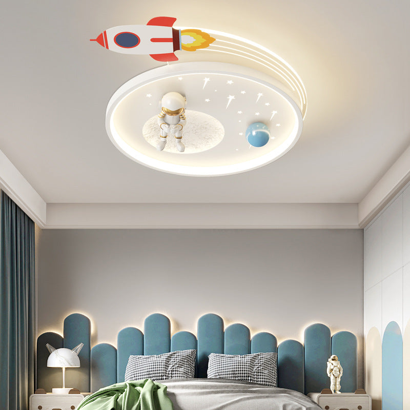 Modern Art Deco Kids Acrylic Metal Round Cloud Rocket Astronaut LED Flush Mount Ceiling Light Bedroom Nursery Decor Space Theme Childrens Lighting Fixture Ceiling Lamp Playroom Decor Starry Night Interior Design