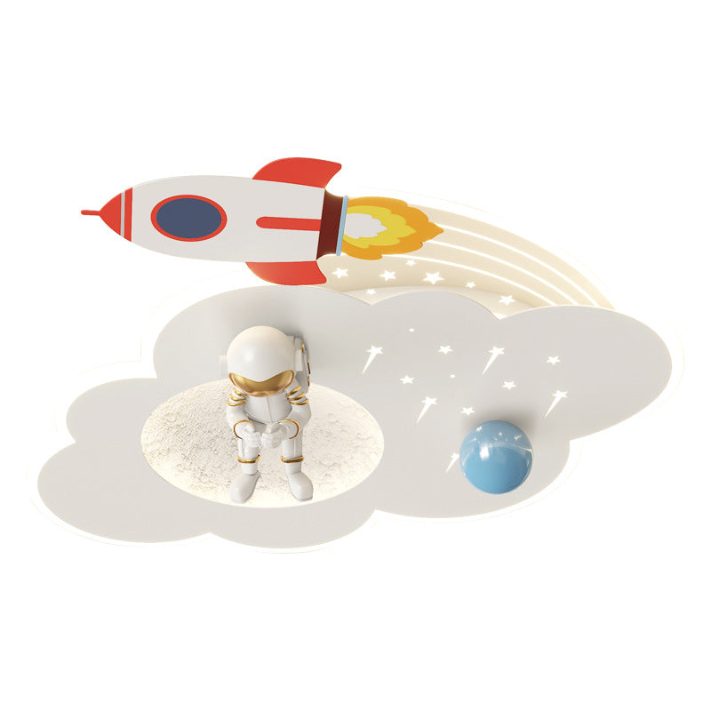 Modern Art Deco Kids Acrylic Metal Round Cloud Rocket Astronaut LED Flush Mount Ceiling Light Bedroom Nursery Decor Space Theme Childrens Lighting Fixture Ceiling Lamp Playroom Decor Starry Night Interior Design